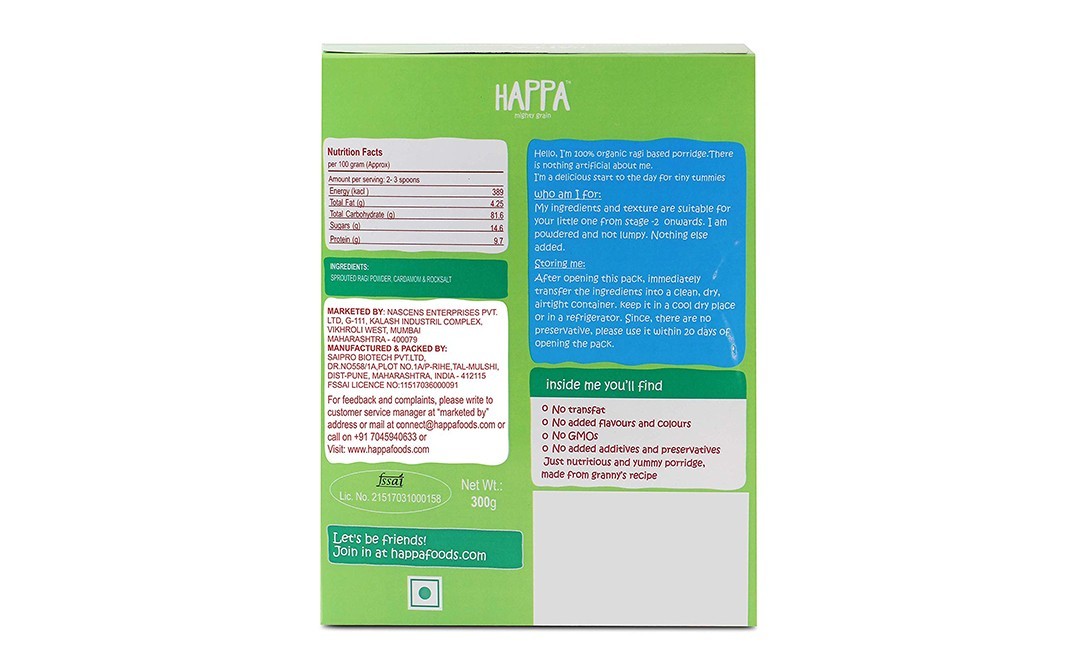 Happa Sprouted Ragi, Ragi, Ragi Porridge Mix   Box  300 grams